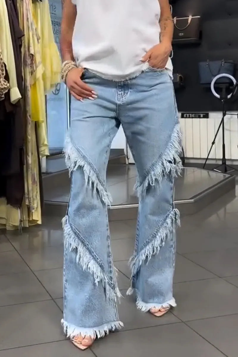 Women's Patchwork Frayed Washed Casual Jeans