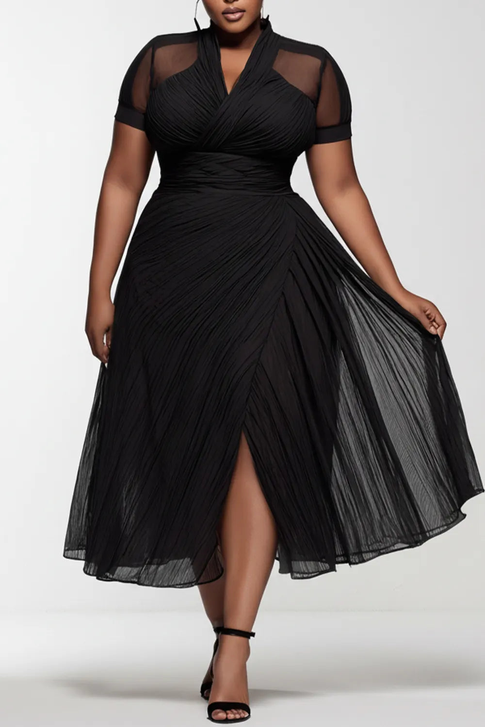 Party Black V Neck Short Sleeve See Through Pleated Chiffon Midi Dresses