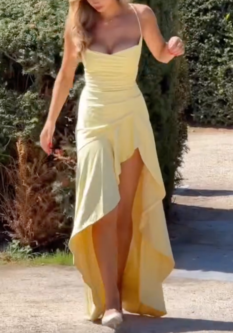 Butter Yellow Spaghetti Strap High Low Maxi Dress with Lace-Up Back & High Slit