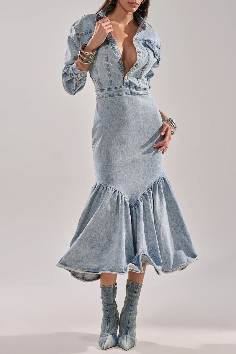 Women's Light Wash Denim Shirt Style Mermaid Hem Maxi Dress