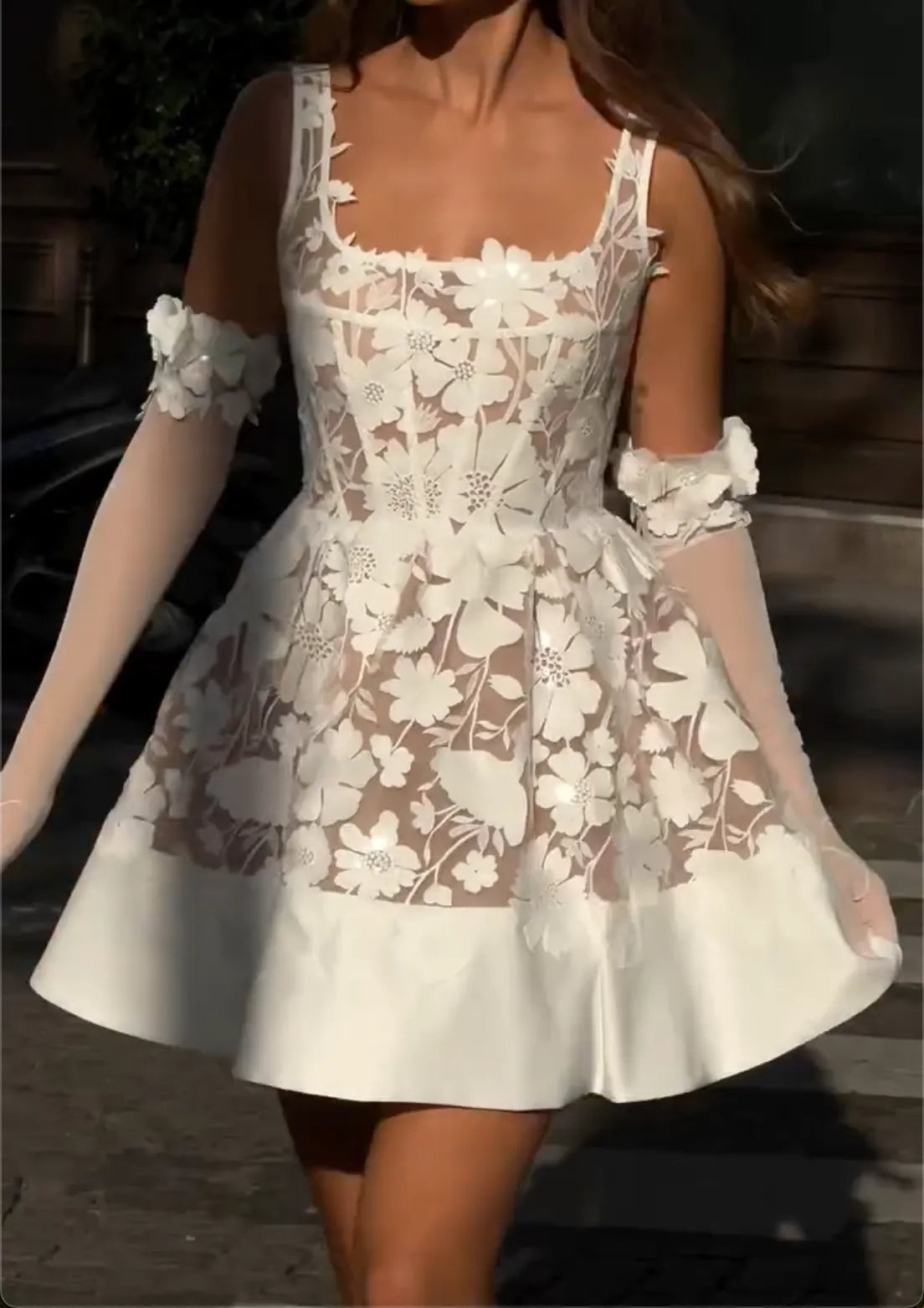 White Square Neck 3D Floral Corset Mini Dress - Sheer Formal Cocktail Gown