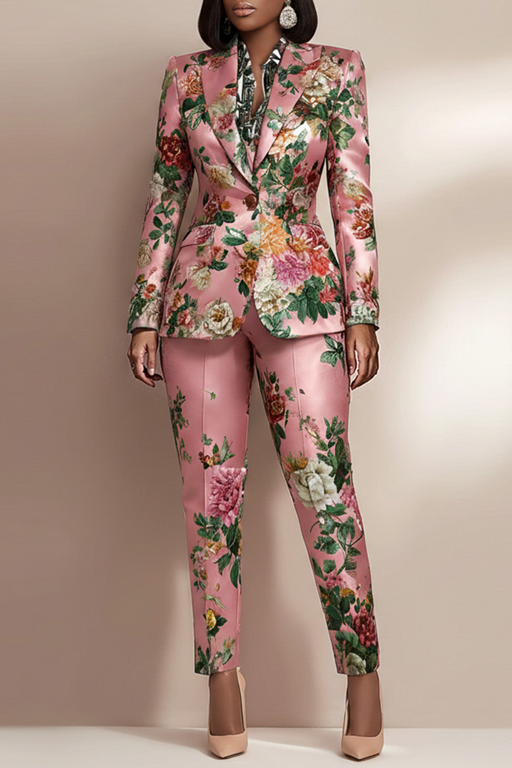 Business Casual Pink Floral Lapel Collar Long Sleeve Pocket Satin Two Piece Pant Suits