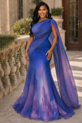 Ombre Oblique Collar Long Streamer Wedding Maxi Dresses-Purple [Pre Order]