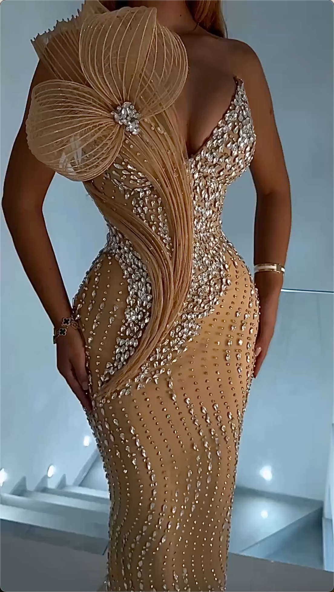 Stunning Champagne One-Shoulder Crystal 3D Flower Mermaid Maxi Dress