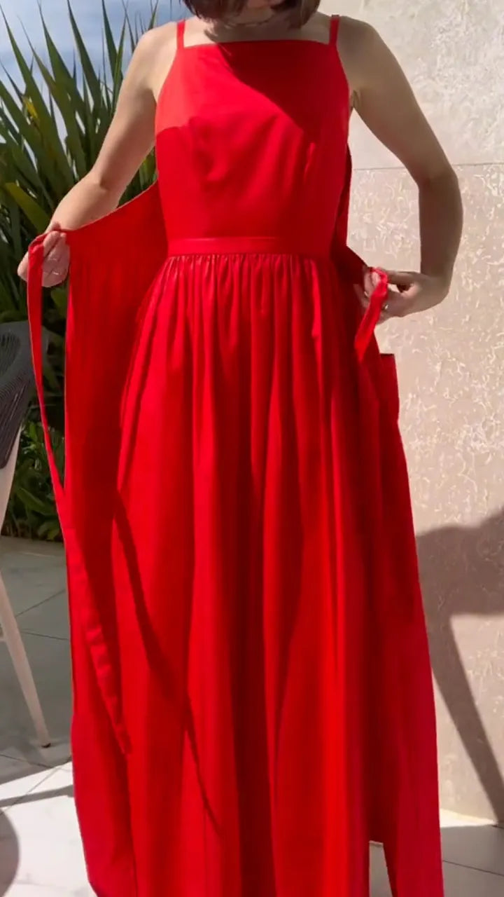 Square Neck Strap Midi Linen-Blend Dress