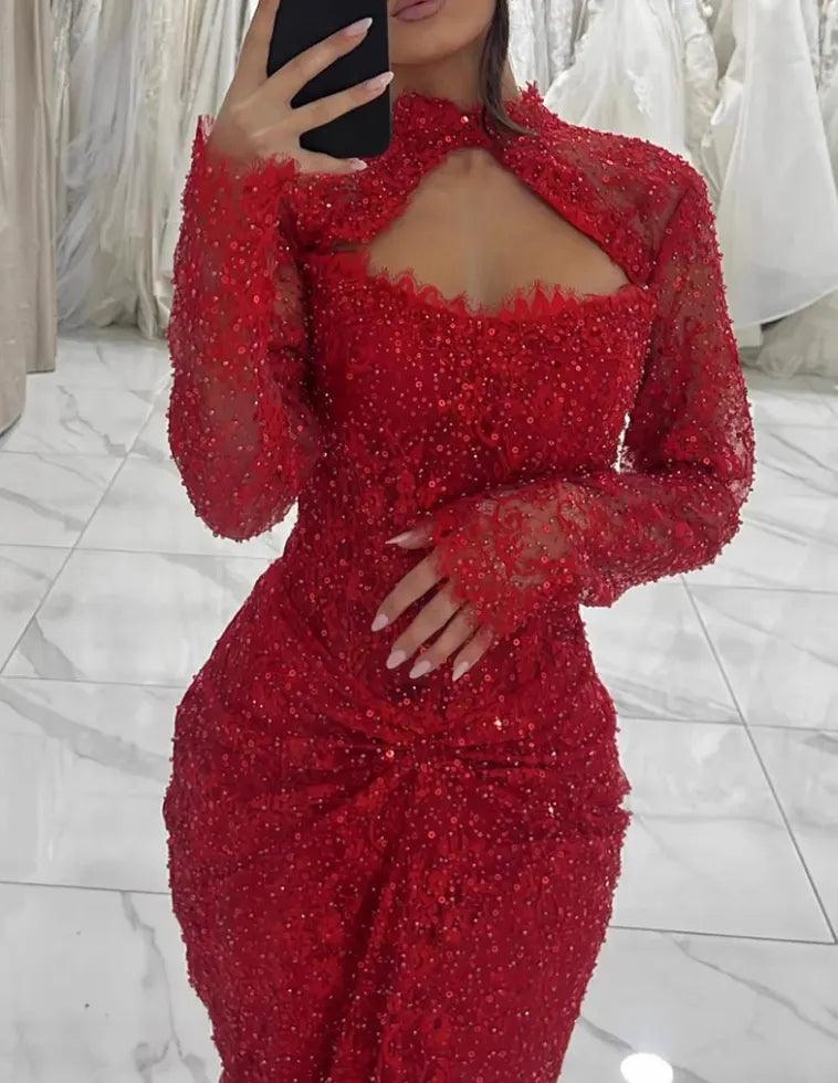 Red Beaded Lace High Neck Cutout Maxi Dress