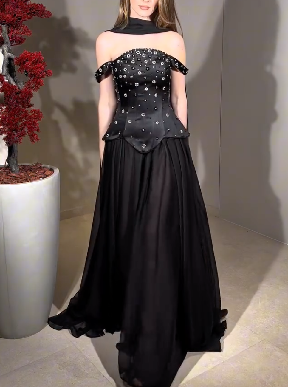 Black Strapless Maxi Dress with Floral Beading & Peplum Bodice