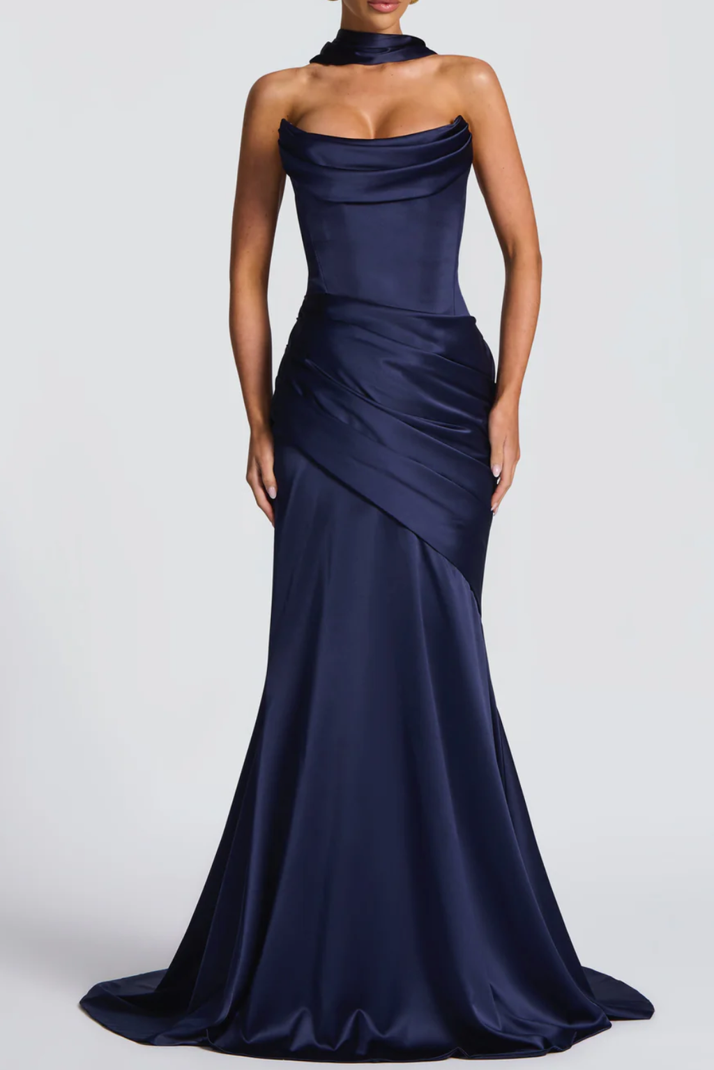 Navy Blue Satin Mermaid Evening Dress, Elegant Strapless Formal Gown with Cowl Neck & Lace Up Back