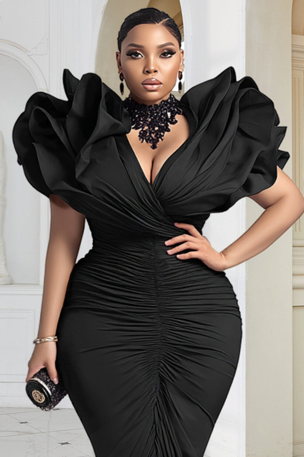 Black V Neck 3D Elegant Bodycon Maxi Dresses