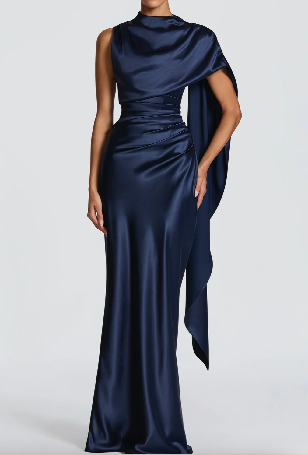 Navy Blue Satin Mermaid Evening Dress, Elegant Strapless Formal Gown with Cowl Neck & Lace Up Back
