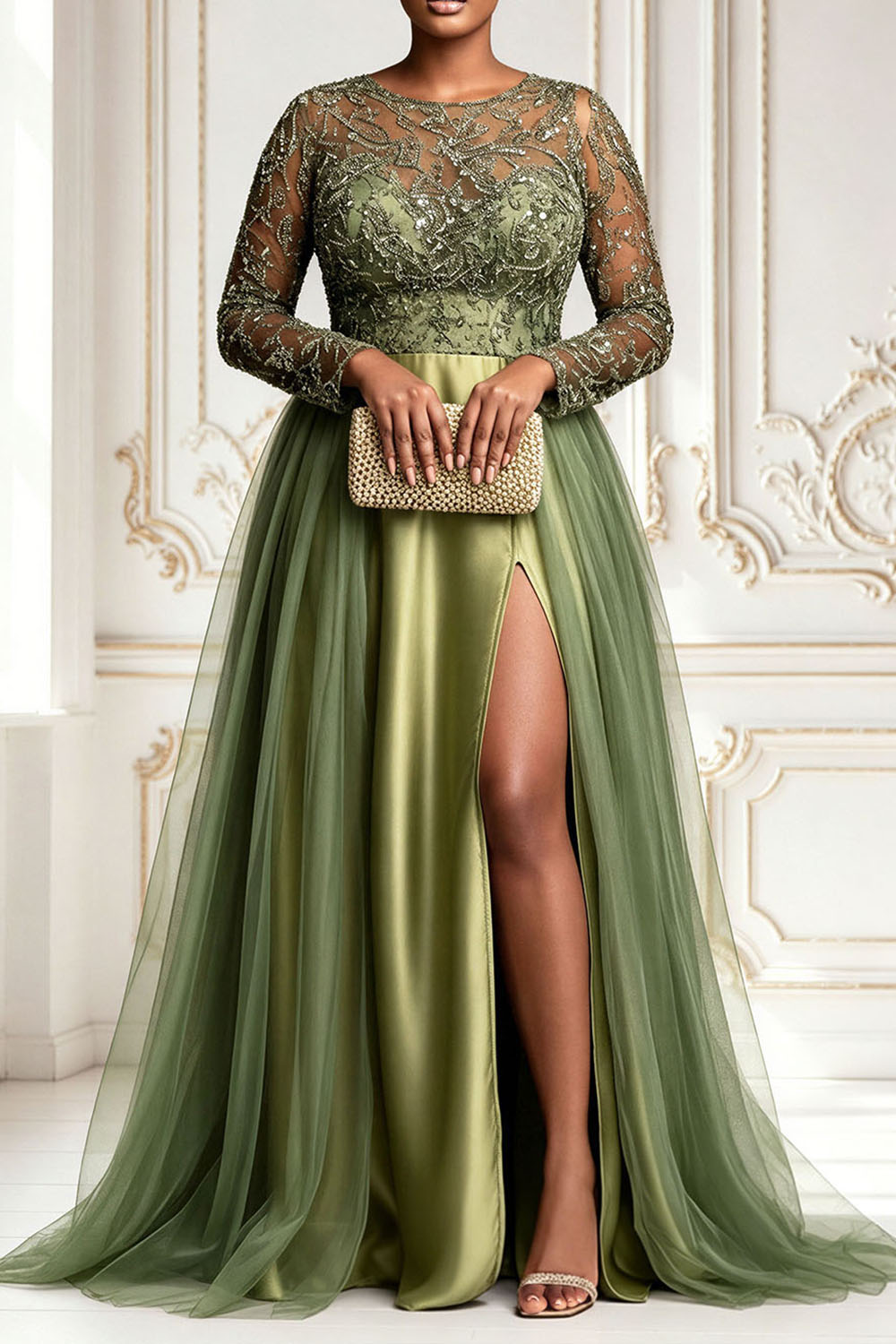 Tulle Sage Green Round Neck Long Sleeve Split Contrast Satin Maxi Dresses