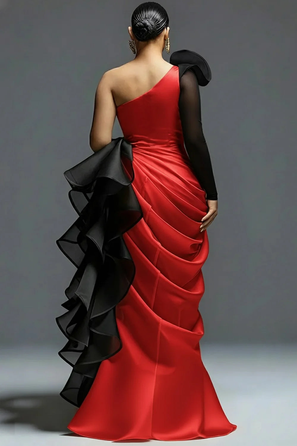 Black & Gold One-Shoulder Ruffle High-Low Gown –  Glam  Dress