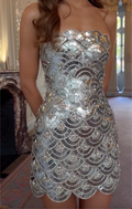 Silver Strapless Mini Dress with Scalloped Mirror Embellishments