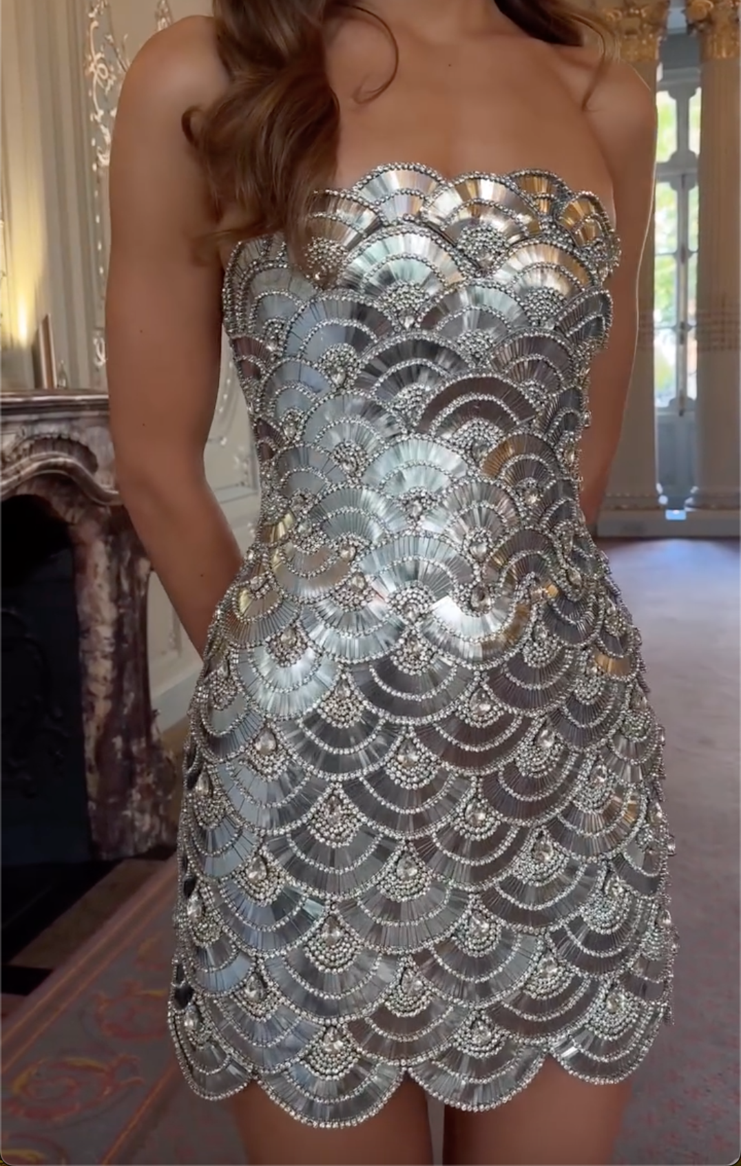 Silver Strapless Mini Dress with Scalloped Mirror Embellishments