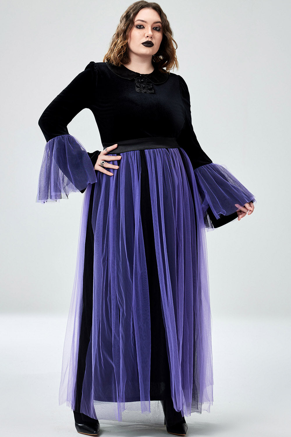 Halloween Costume Purple Cosplay Witches Overlay Mesh Maxi Dress (Without Hat And Cane)(Ships 24h)