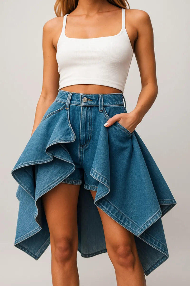 Women's High Waist Irregular Ruffle Layered Denim Skort