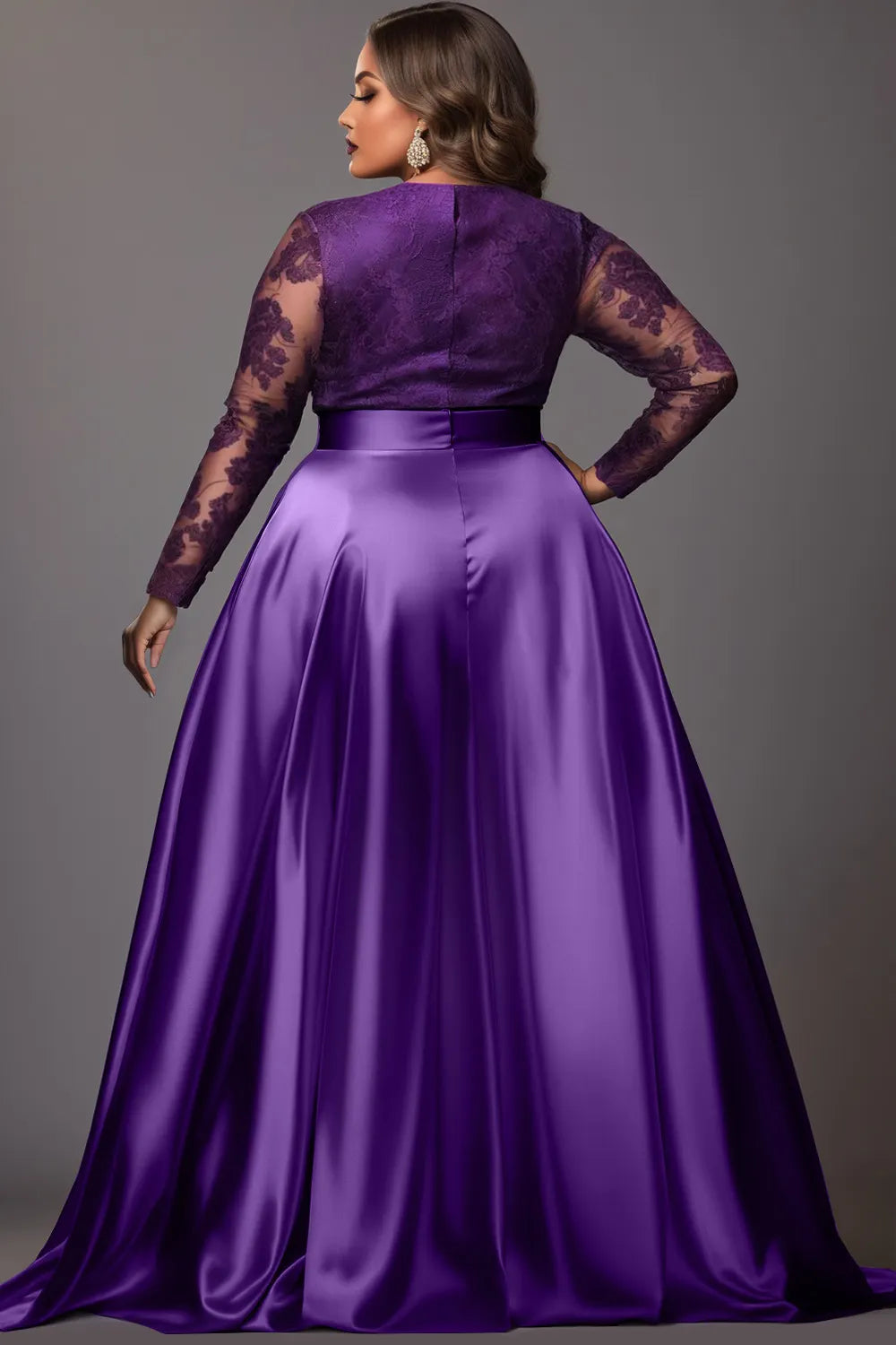 Purple V Neck Long Sleeve Split See Through Lace Satin Maxi Dresses