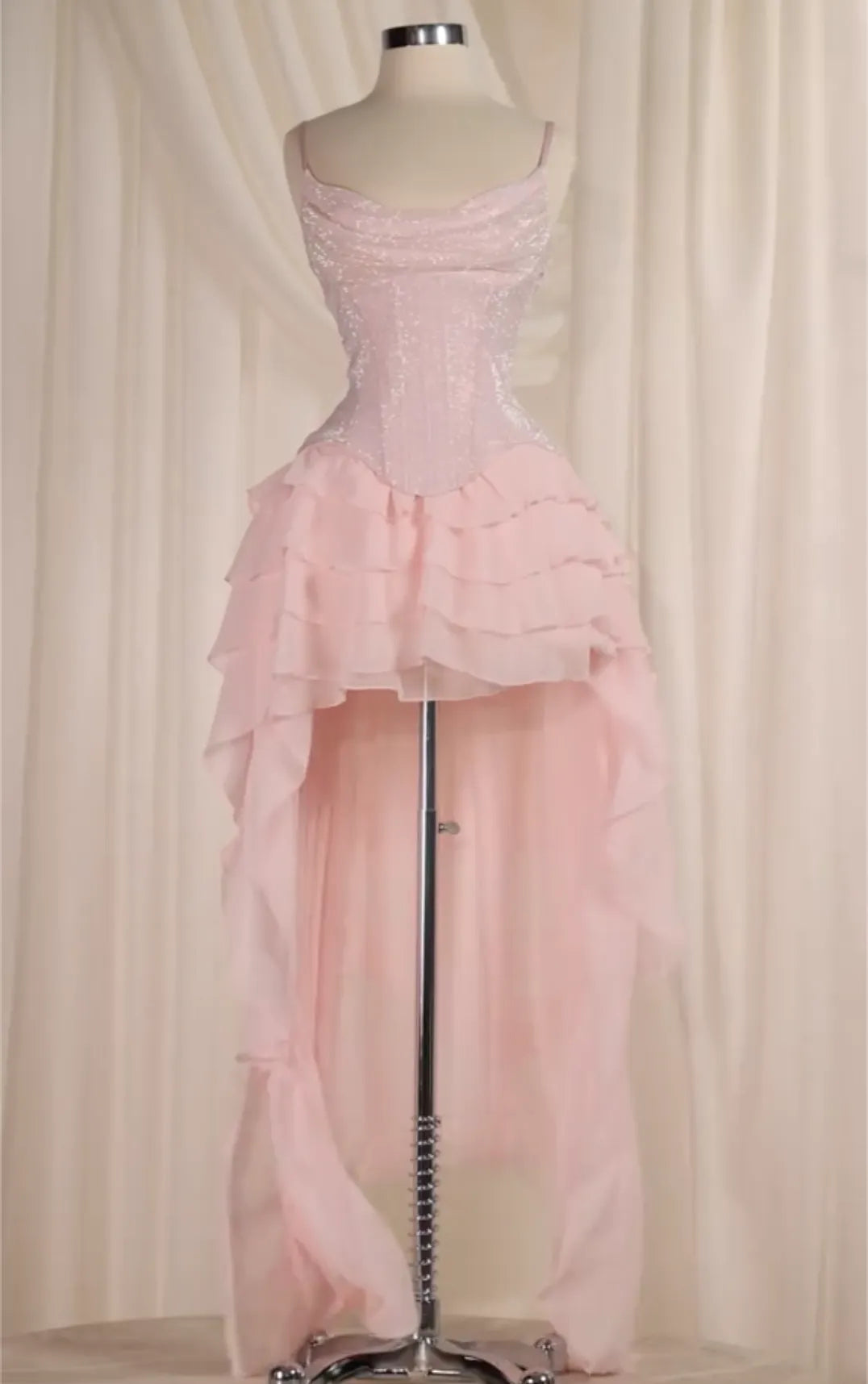 Pink Sequin Corset High-Low Chiffon Ruffle Dress with Lace-Up Back