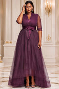 Purple V Neck Half Sleeve Asymmetric Hem Irregular Hem Fold Tulle Maxi Dresses [Pre-Order]