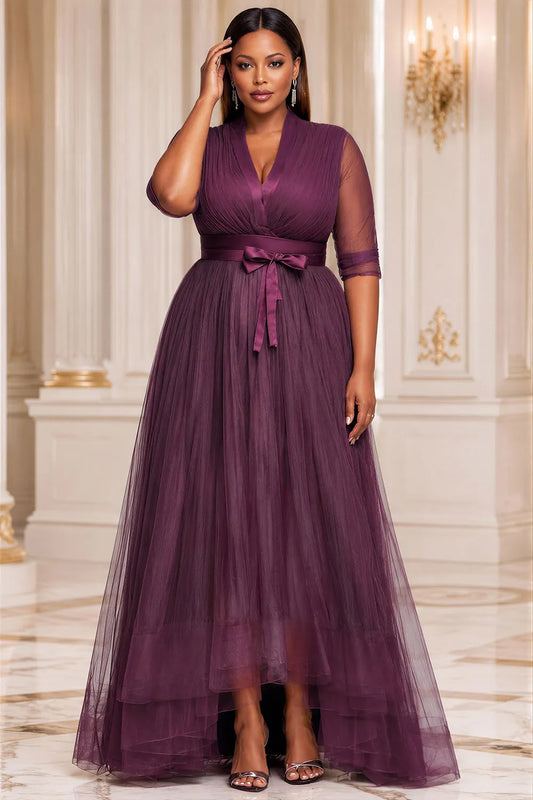 Purple V Neck Half Sleeve Asymmetric Hem Irregular Hem Fold Tulle Maxi Dresses [Pre-Order]