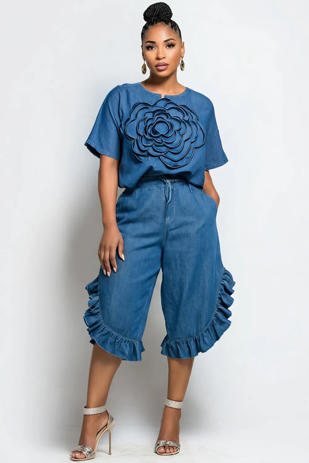 Xpluswear Design Plus Size Daily Blue Round Neck Short Sleeve Ruffle 3D Tencel Denim Two Piece Short Sets [Pre-Order]