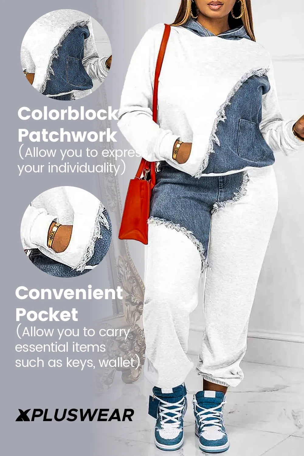 Casual White Colorblock Denim Patchwork With Pocket Hooded Collar Long Sleeve Two Pieces Pants Set