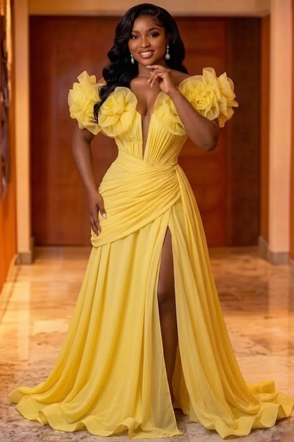 Off Shoulder 3D Floral Slit Ruched Gowns Maxi Dresses-Yellow [Pre Order]