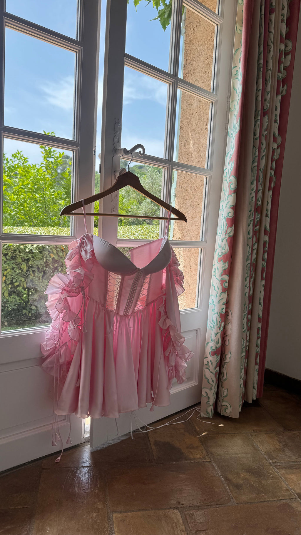 Pink Satin Corset Mini Dress with Detachable Ruffled Sleeves