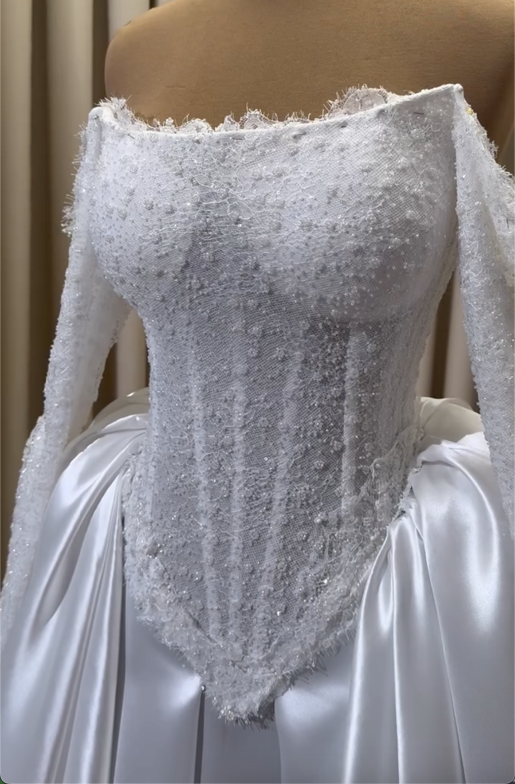 White Off-the-Shoulder Lace & Satin Ballgown Wedding Dress