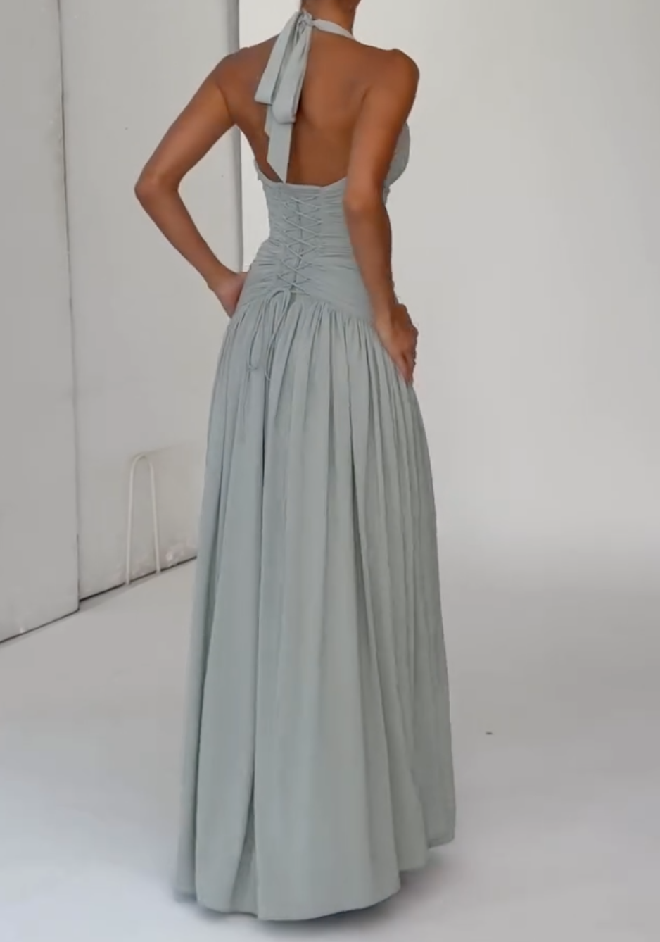 Sage Green Ruched Halter Maxi Dress with Lace-Up Back & High Slit