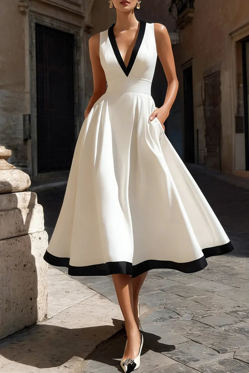 Ladies' Elegant Contrasting V-Neck Mid Length Dress