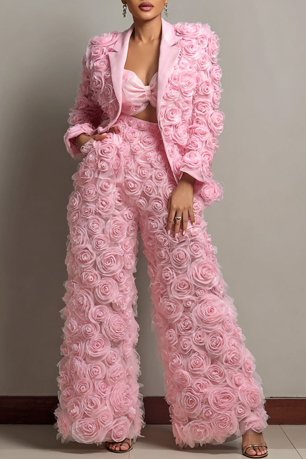 Pink Lapel Collar Long Sleeve 3D Pocket Tulle Two Piece Pant Suits