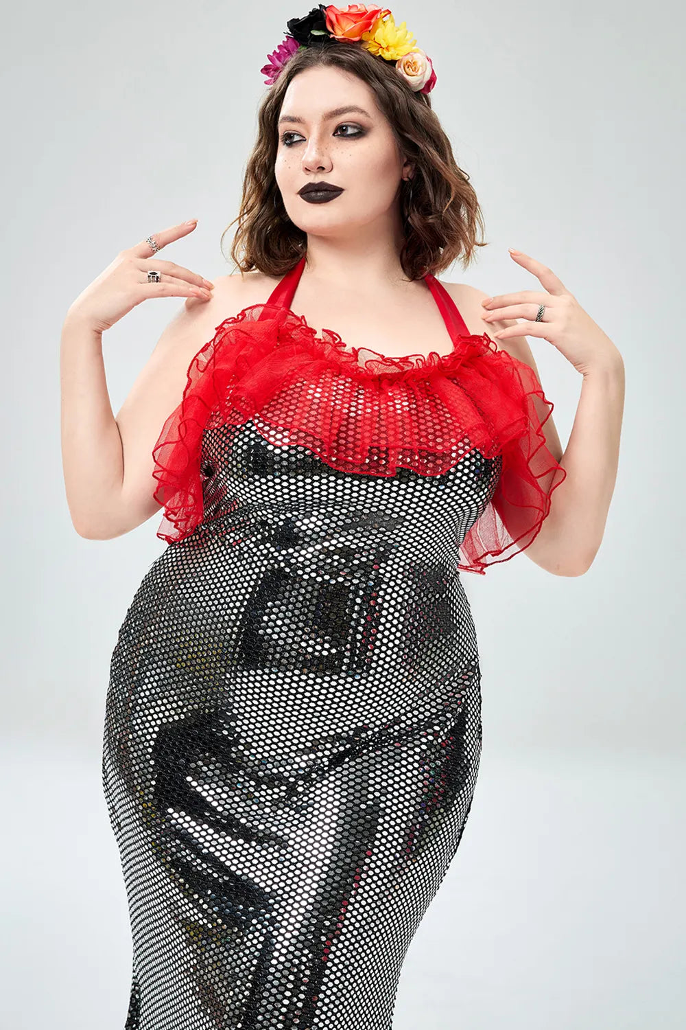 Halloween Costume Black Mermaid Gothic Overlay Ruffle Sequin Maxi Dress(Ships 24h)