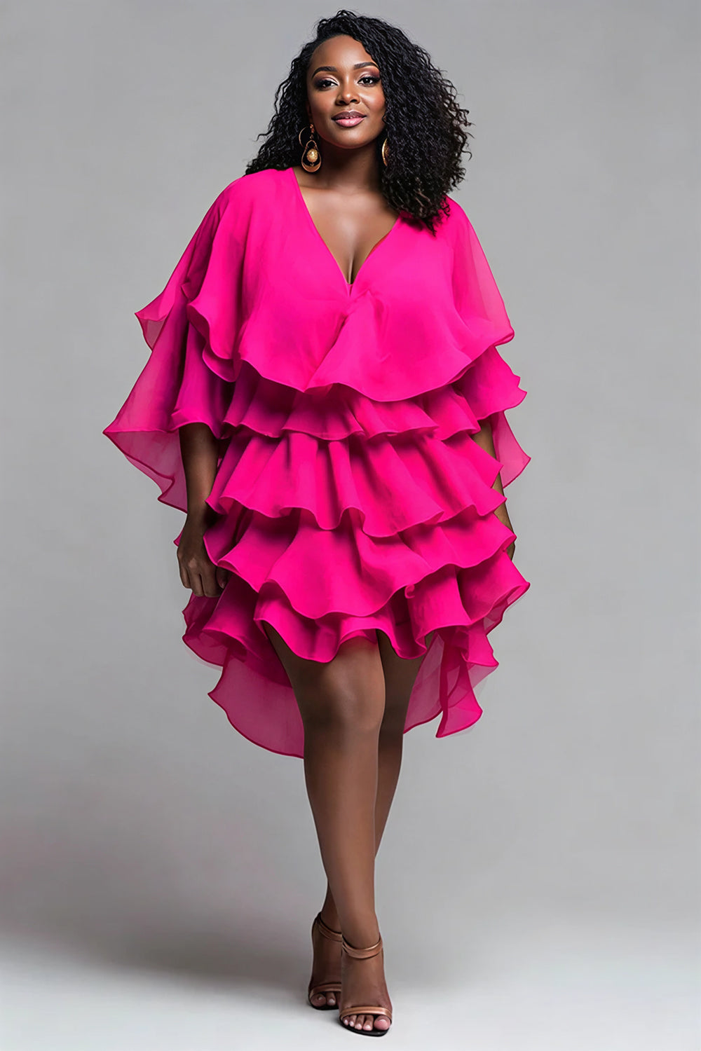 Party Hot Pink V Neck Half Sleeve Ruffle Tiered Mini Dresses