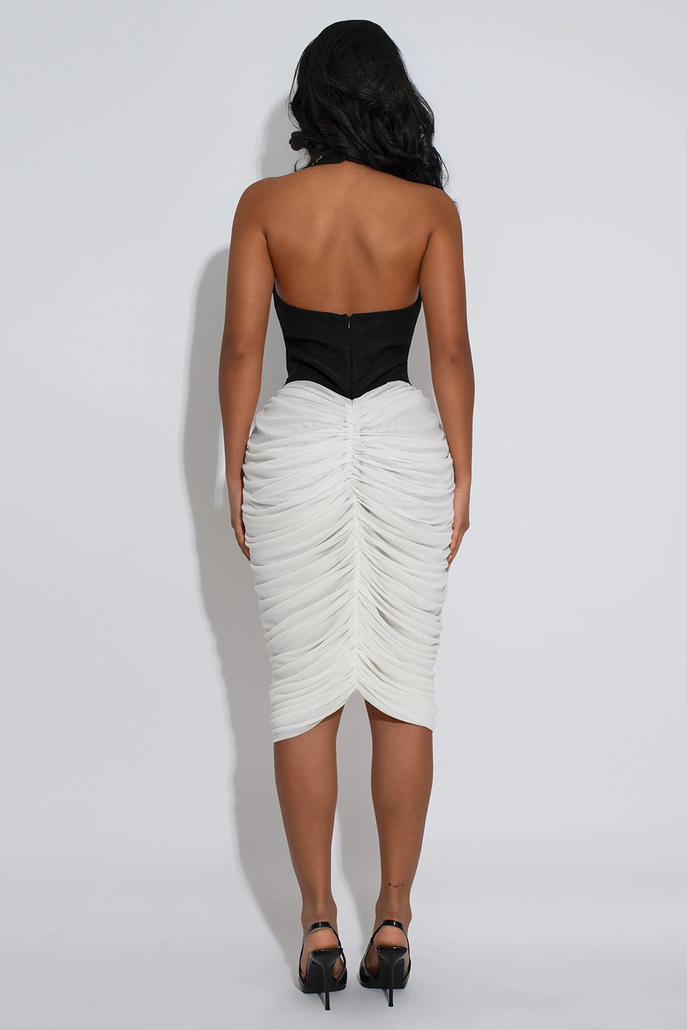 Halter Backless Colorblock Mesh Ruched Slim Fit Gowns Midi Dresses-Black