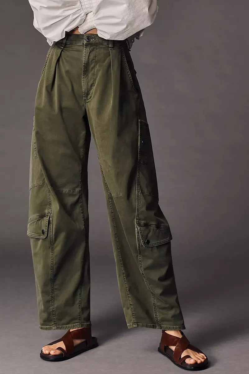 Women High Waist Pleated Front Side Flap Cargo Pocket Straight Leg Washed Olive Green Utility Pants