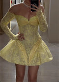 Pale Yellow Off Shoulder Long Sleeve Mini Evening Dress - Bow Satin Glitter Lace Cocktail Gown