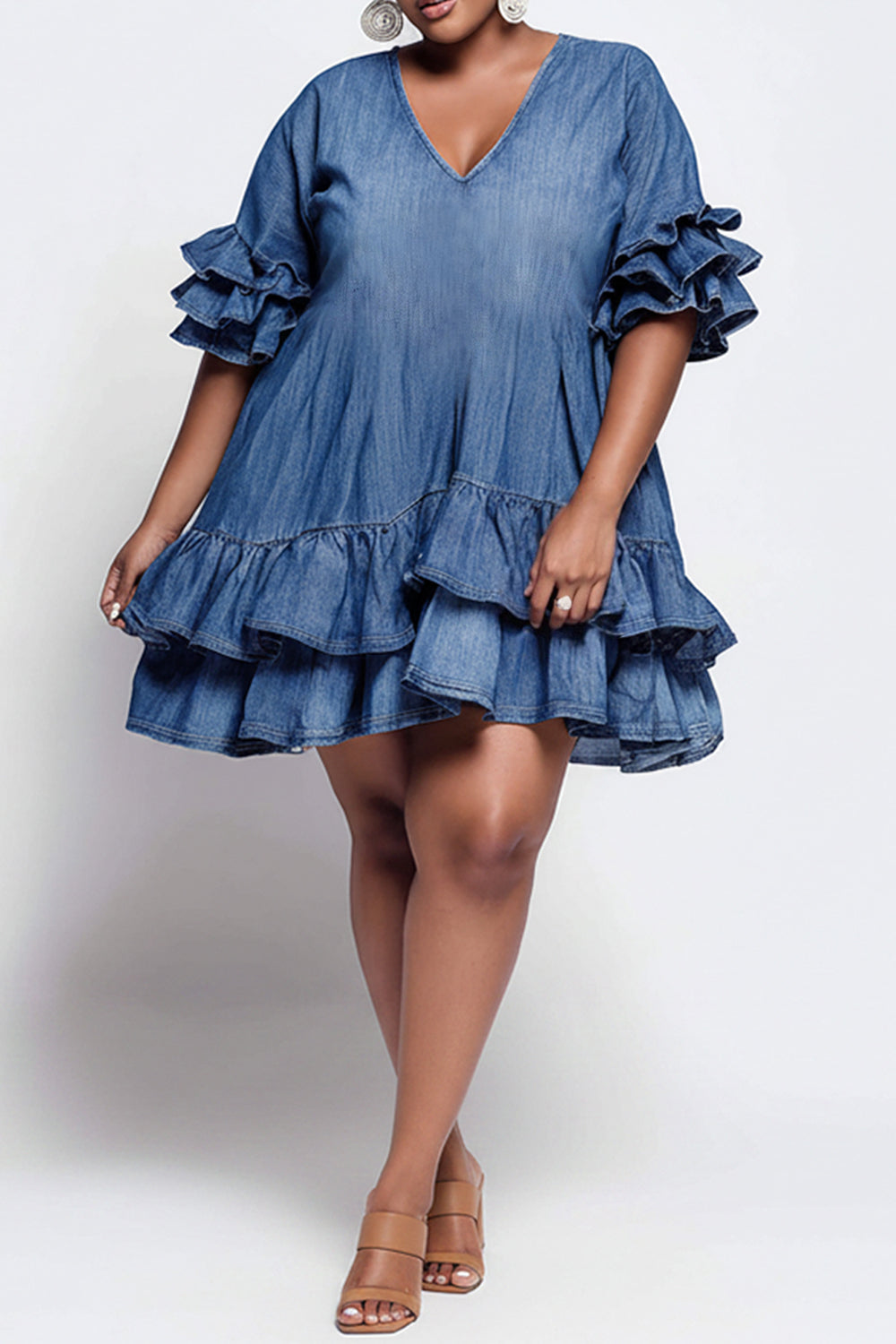 Xpluswear Design Plus Size Party Elegant Blue V Neck Short Sleeve Ruffle Tiered Tencel Denim Mini Dresses