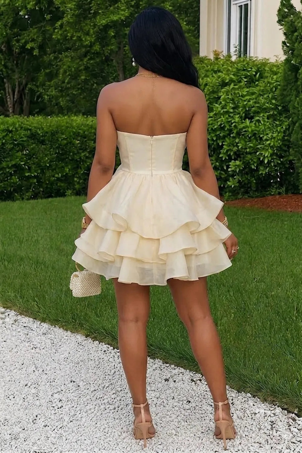 Strapless 3D Floral Tiered Ruffle Hem Party Mini Dresses-Yellow [Pre Order]