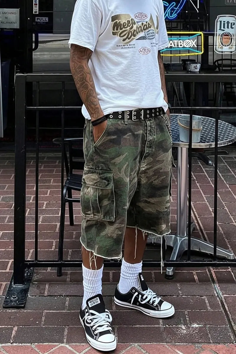 Men's Camo High Street Denim Capri Shorts