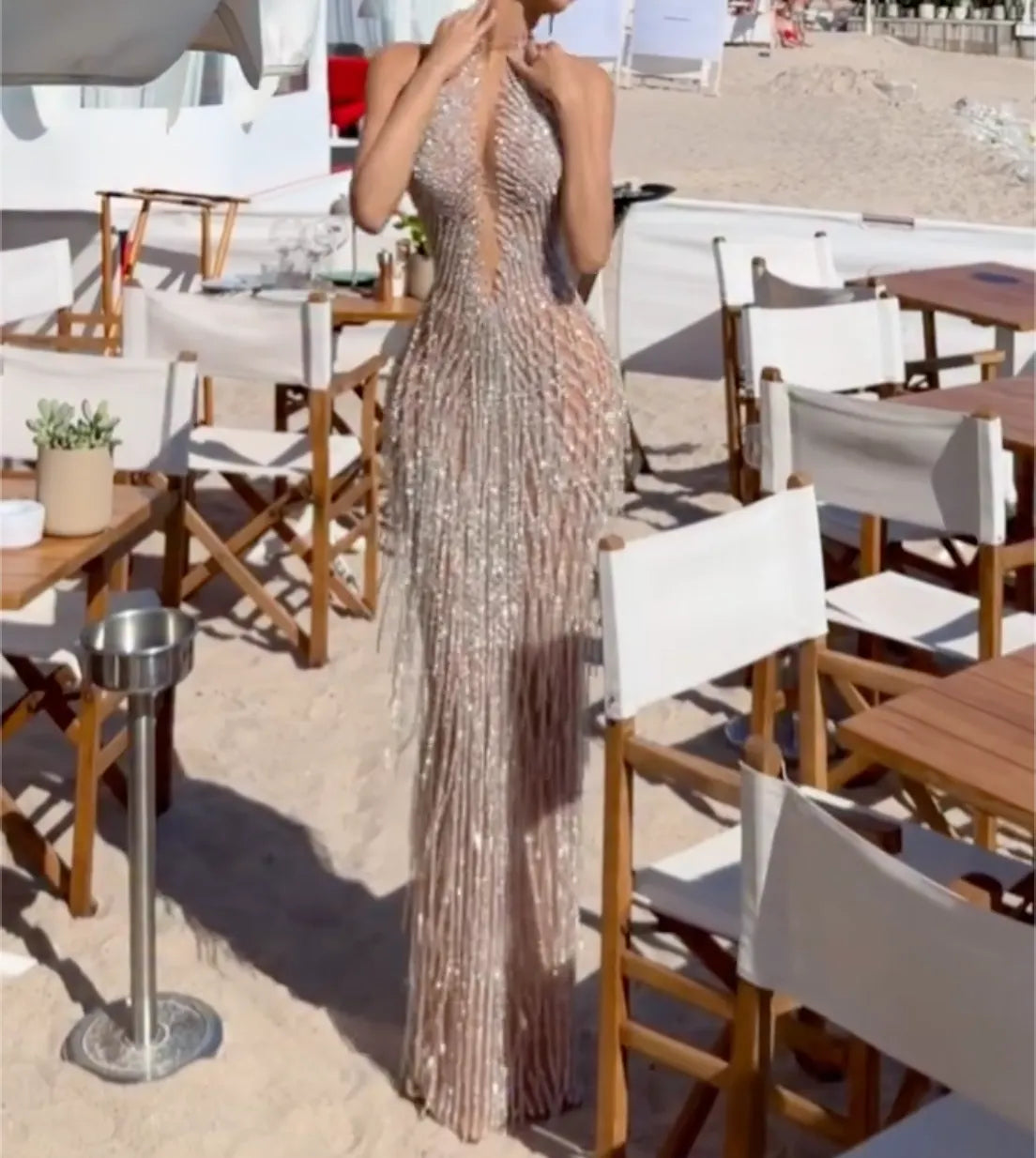 Silver Halter Neck Maxi Evening Gown - Sheer Mesh with Crystal Beaded Fringe Formal Dress
