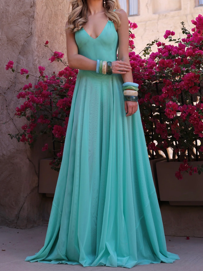 V-Neck Sleeveless Sheer Mesh Maxi Dress