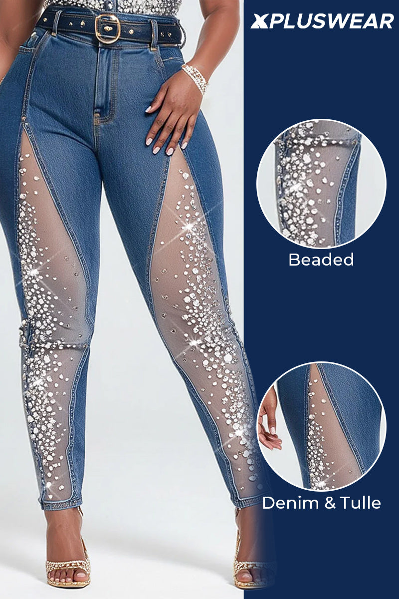 Xpluswear Design Plus Size Party Tulle Blue Drilling See Through Denim Jeans