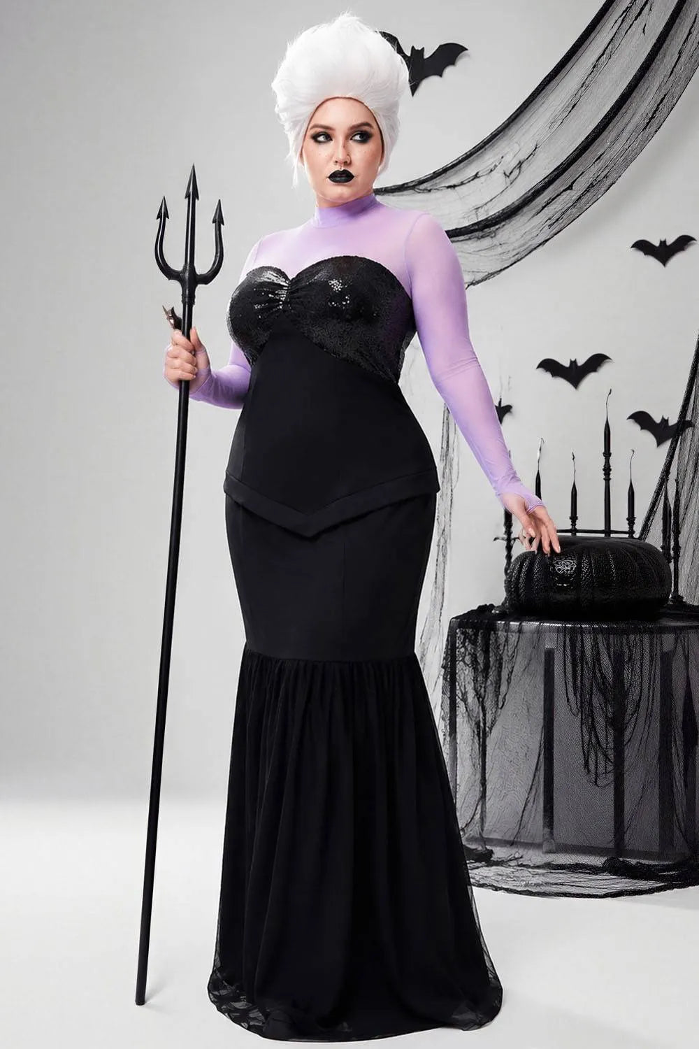 Halloween Costume Black Cosplay Mesh Long Sleeve Sequin Knitted Maxi Dress(Ships in US)
