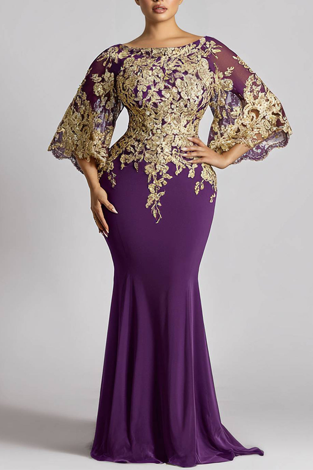 Chiffon Purple Round Neck 3/4 Sleeve Mermaid See Through Lace Maxi Dresses