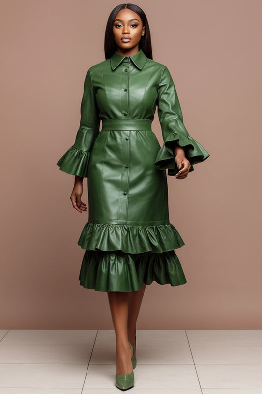 Business Casual Green Shirt Collar Flare Long Sleeve Ruffle Elegant Bodycon PU Leather Midi Dresses