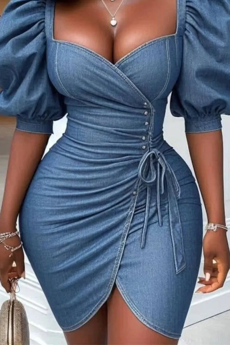 Women's Sweetheart Neck Denim Bodycon Dress with Puff Sleeves & Slit