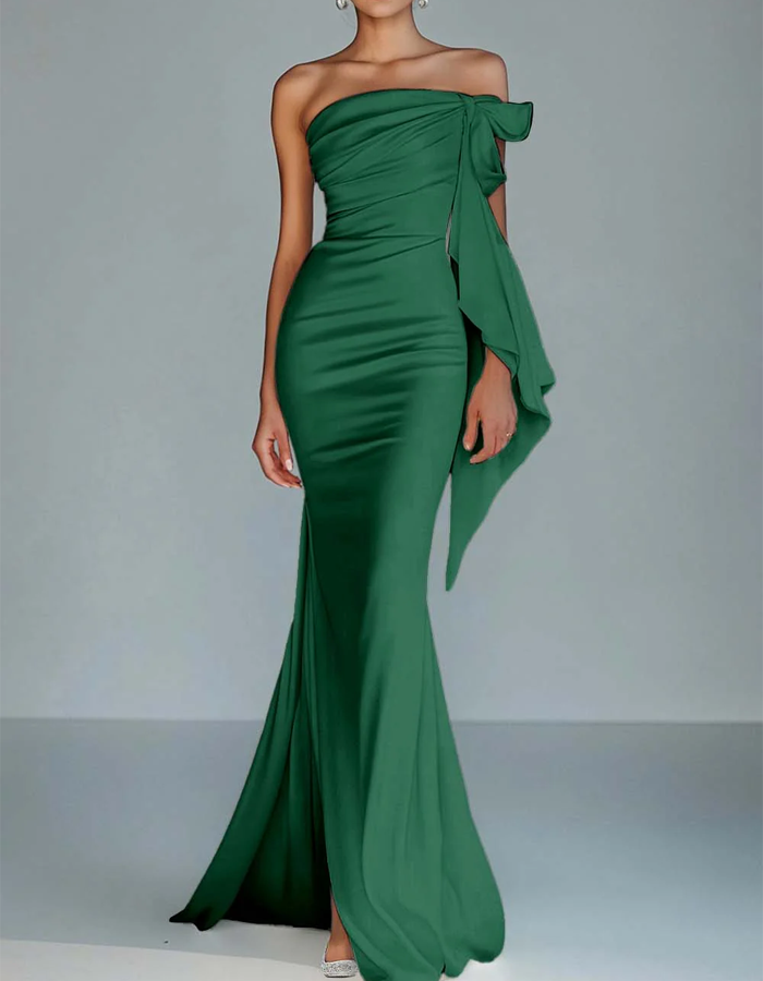 One-Shoulder Bow Satin Mermaid Maxi Dress