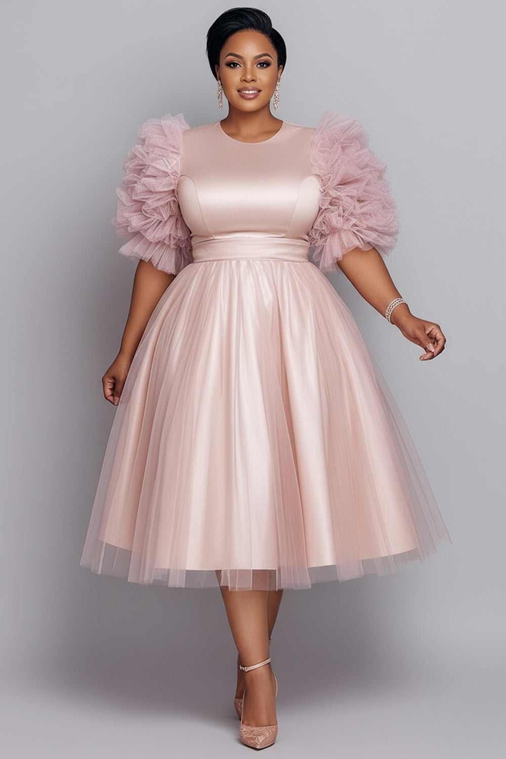 Tulle Pink Round Neck Long Sleeve Contrast Elegant 3D Satin Midi Dresses