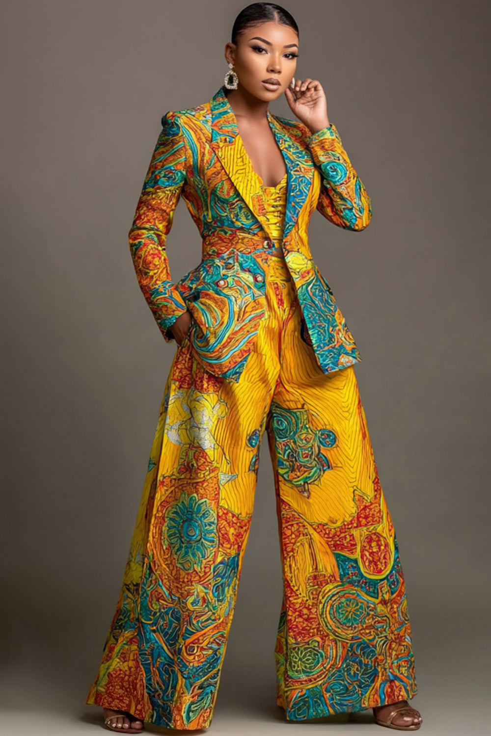 Yellow African Print Lapel Collar Long Sleeve Pocket Wide Leg Two Piece Pant Suits